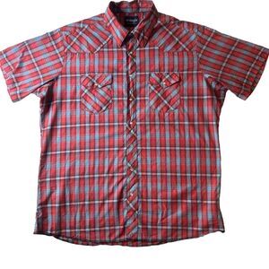 Wrangler Western Shirt Men’s XLT Pearl Snap Plaid Cowboy Western Red Blue Rodeo